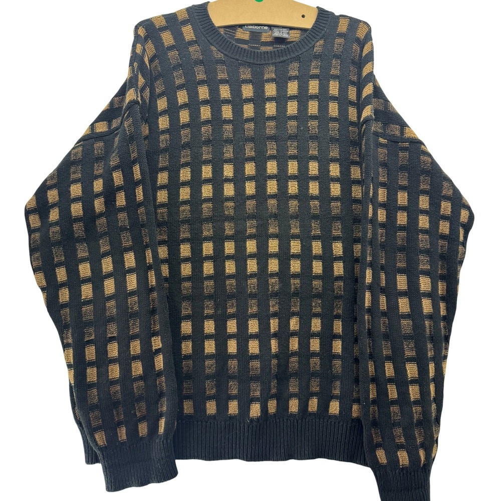 VTG Claiborne Men's XL Black Brown Checkered Grid Knit Cotton Sweater 90s Cosby